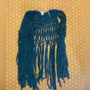 Oceanic Teal Braided Beaded Bohemian Fringe Long Open Sleeveless Cardigan